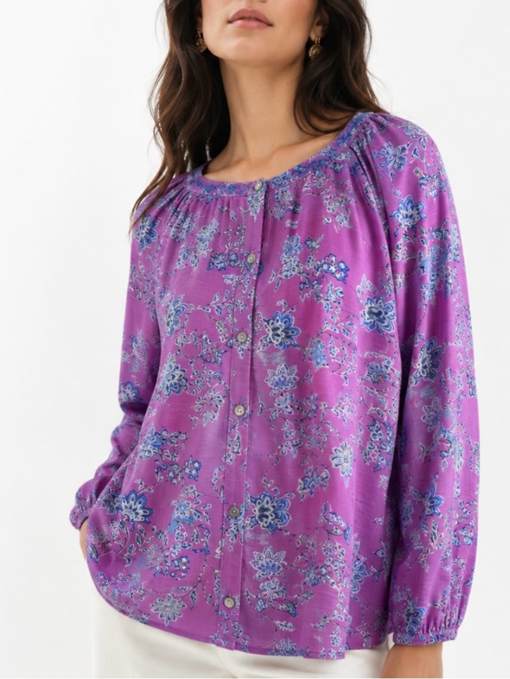 NWT J. JILL Lavender Purple Floral Button-Front Cotton Blouse Size XL